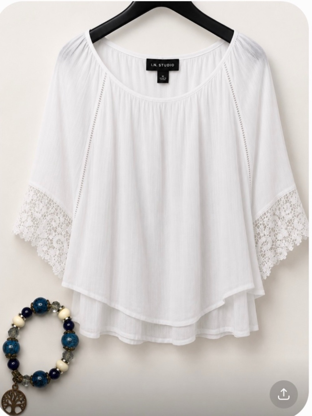 I.N. Studio White Boho Lace Sleeve Blouse Size Large Layered Hem Peasant Top